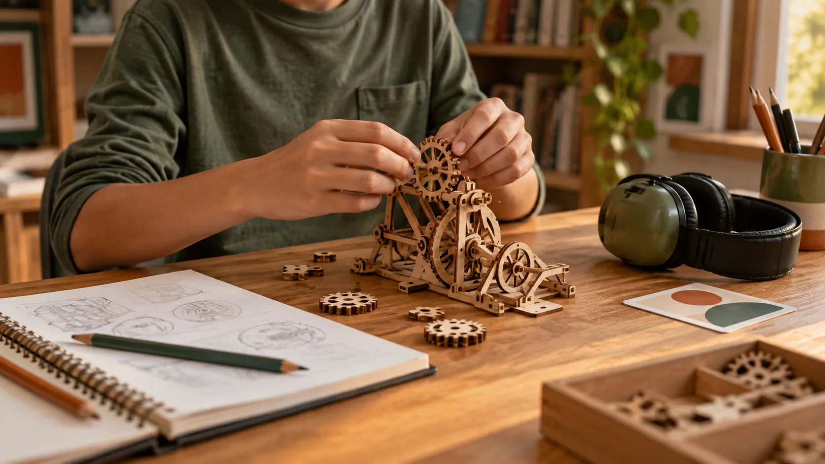 Estudiante construye un mecanismo de madera junto a un cuaderno y auriculares en una mesa cálida