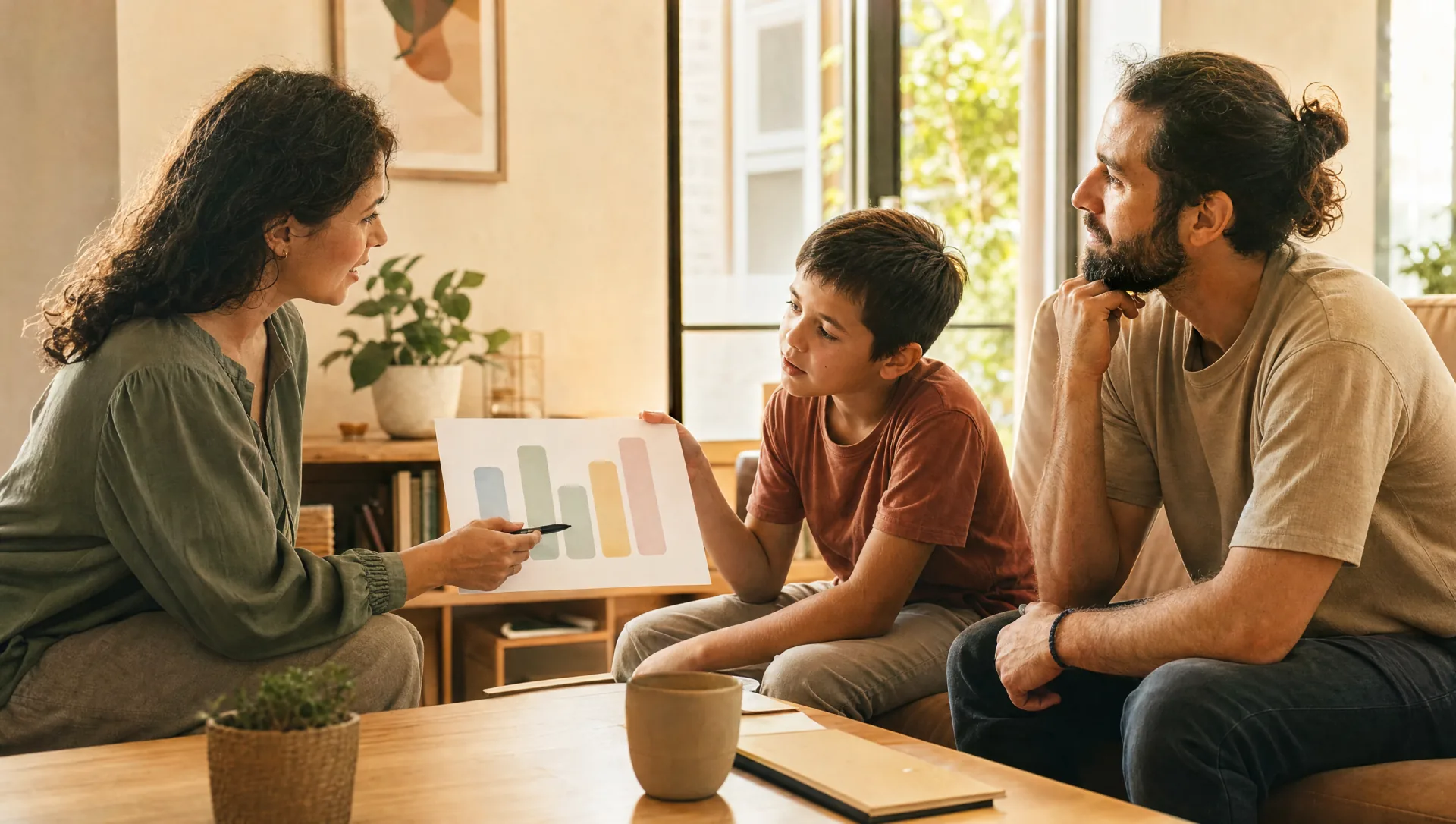 Interpretación profesional del WISC-V en altas capacidades infantiles Familia y psicóloga conversan ante un gráfico abstracto de cinco áreas cognitivas en una consulta luminosa
